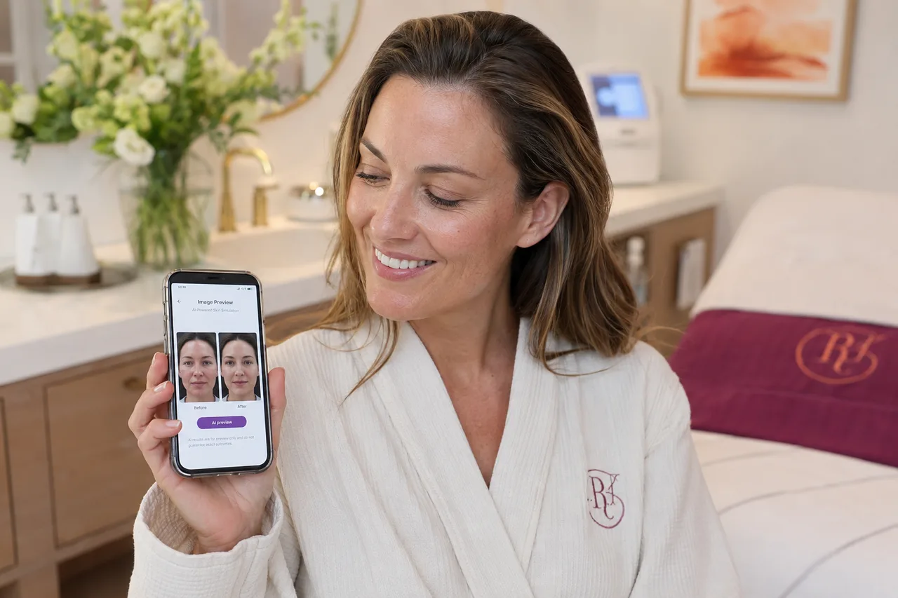 A med spa client viewing her personalized AI treatment preview on a phone